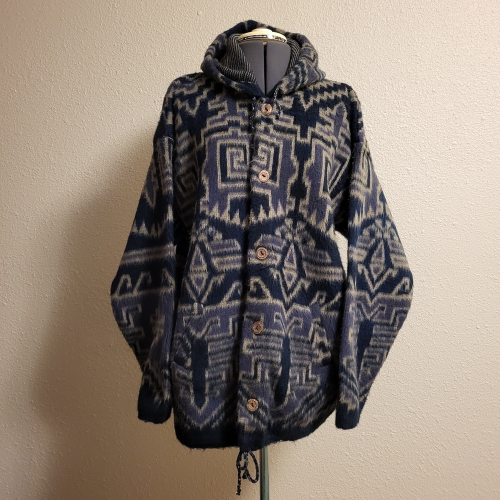 Bear Mountain Apparel Blue & Gray Wool Hooded Button-Up Sweater Size Large